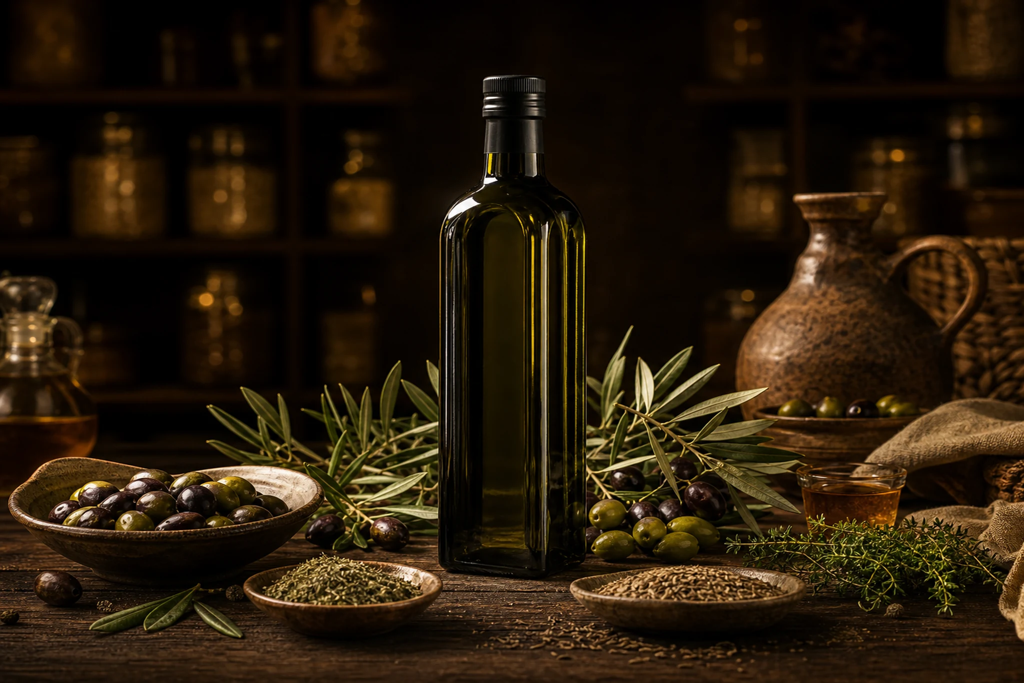 Zeytinyağı şişesi, zeytin ve baharatlar