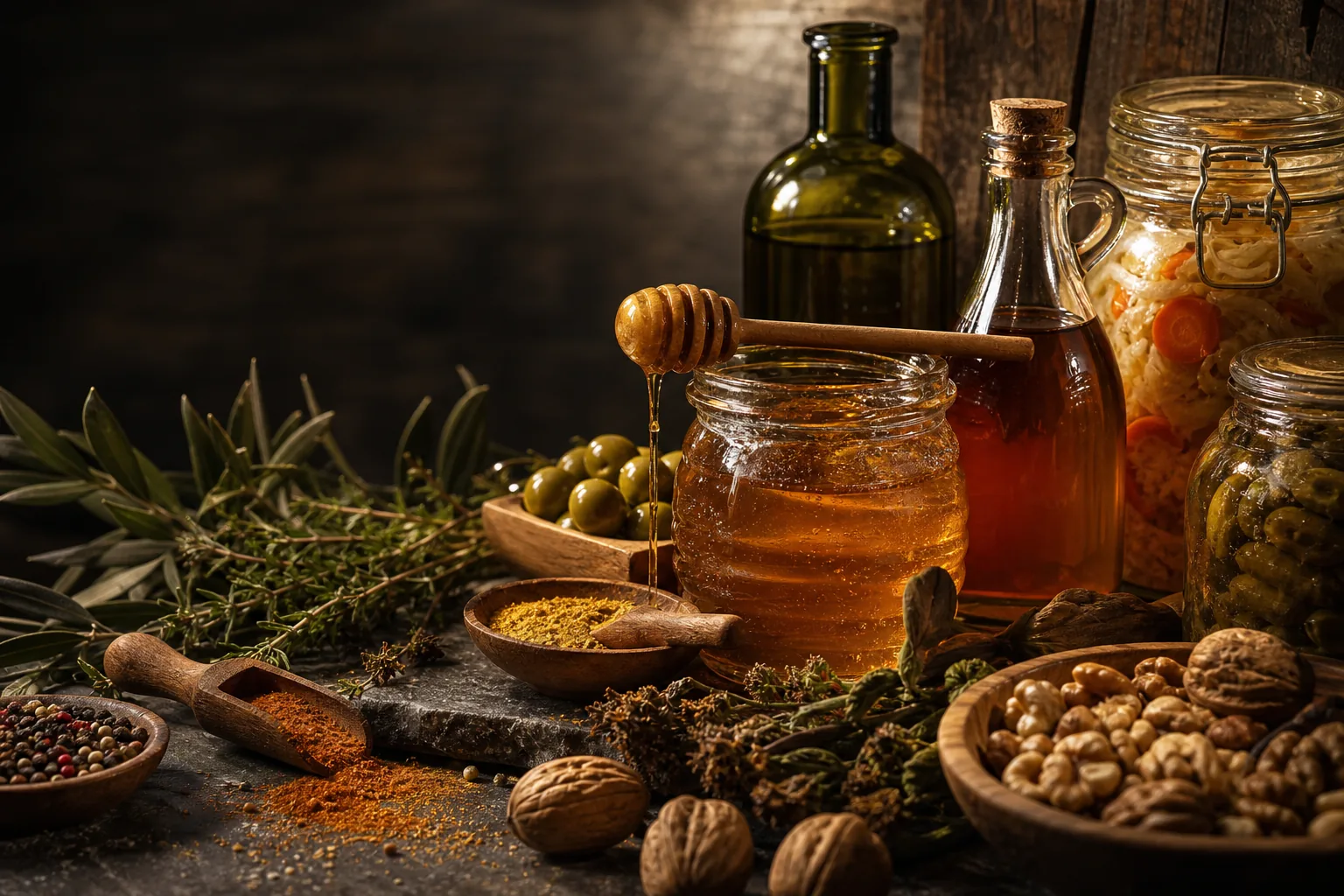 Cam vitrinde bal, zeytinyağı, baharat ve taze otlar